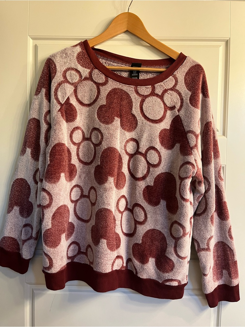 Disney Mickey Mouse Pink Burgundy Fleece Crewneck Sweatshirt